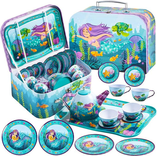 Mermaid Tea Party Set for Little Girls, Pretend Tin Teapot Set, Princess Tea Time Play Kitchen Toy with Teapot, Cups, Plates, Carrying Case for Christmas Birthday Gifts Kids Toddlers Age 3 4 5 6