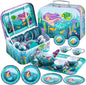 Mermaid Tea Party Set for Little Girls, Pretend Tin Teapot Set, Princess Tea Time Play Kitchen Toy with Teapot, Cups, Plates, Carrying Case for Christmas Birthday Gifts Kids Toddlers Age 3 4 5 6