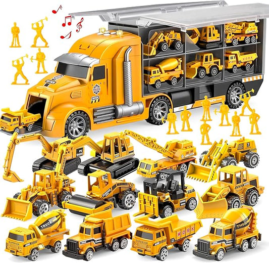 25 in 1 Kids Construction Truck Toy Set, 24Pcs Push and Go Cars and Worker Figures, Toddler Play Vehicles Carrier Truck with Sounds and Light, Birthday Gifts Toys for 3 4 5 6 7 Years Old Boys