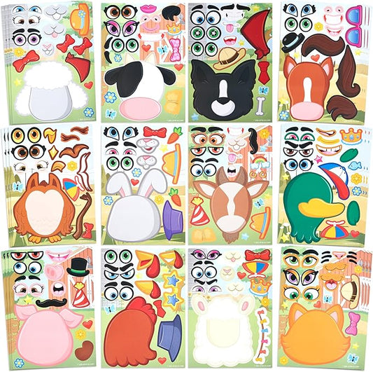 36 Pcs 9"x6" Farm Animals Make a face Stickers for Kids, Make Your Own Summer Sticker Sheets, Party Favors Kids Crafts, Goodie Bags Stuffers, Classroom Rewards