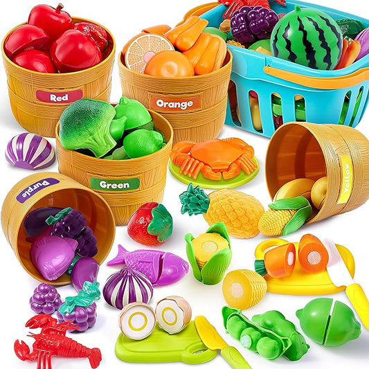 Educational Toys Play Food Set for Toddlers, Cutting Food for Preschool Activities, Pretend Play Kitchen Accessories, Learning Toys, Color Sorting Set for Boys & Girls, Gifts for Christmas