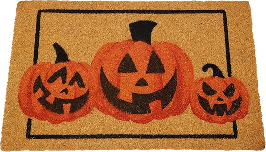 Halloween Decoration Pumpkin Patterned Doormat, 30”x 17” Non Slip Natural Coir Front Door Mat Doorway Rugs, Trick or Treat Outside Indoor Decor