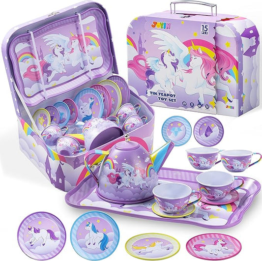 Unicorn Tea Party Set for Little Girls, Pretend Purple Tin Teapot Set, Princess Tea Time Play Kitchen Toy with Teapot, Cup, Plate, Carrying Case for Kids Toddler Age 3+, Gift for Christmas