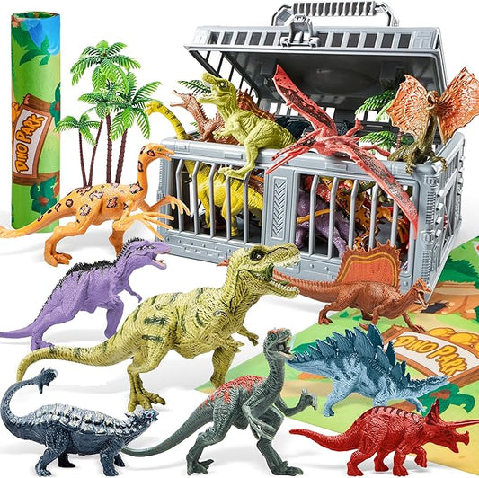 Dinosaur Toys with Activity Play Mat & Storage Cage, 19 PCS Realistic Dinosaur Figures & Trees for Toddlers Kids Ages 3-5, Ideal for Boys and Girls Gift