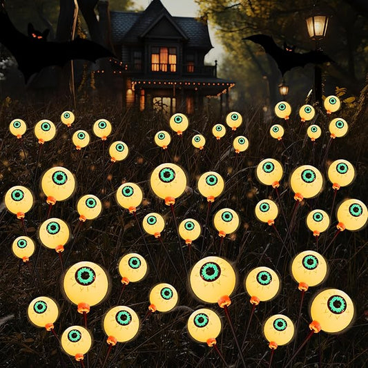 Halloween Decorations Outdoor Solar Scary Eyeball Lights, 2 Pcs 12LEDs Warm Pathway Yard Stakes, Waterproof Firefly Lights for Halloween Graveyard Yard Garden Patio Walkway Party