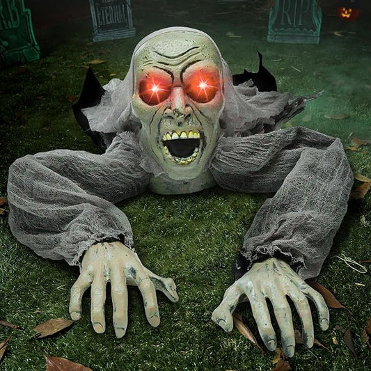 Zombie Halloween Decoration Outdoor Groundbreaker with Sound and Flashing Eyes, Scary Halloween Graveyard Decor for Yard Garden, Outside Lawn Haunted House Prop