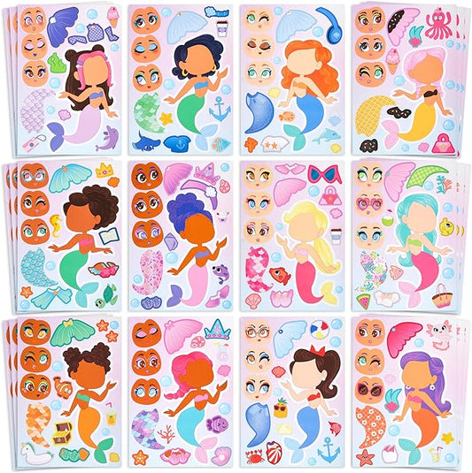 36 Pcs 9"x6" Mermaid Make a face Stickers for Kids, Make Your Own Mermaid Sticker Sheets, Party Favors Kids Crafts, Goodie Bags Stuffers, Classroom Rewards