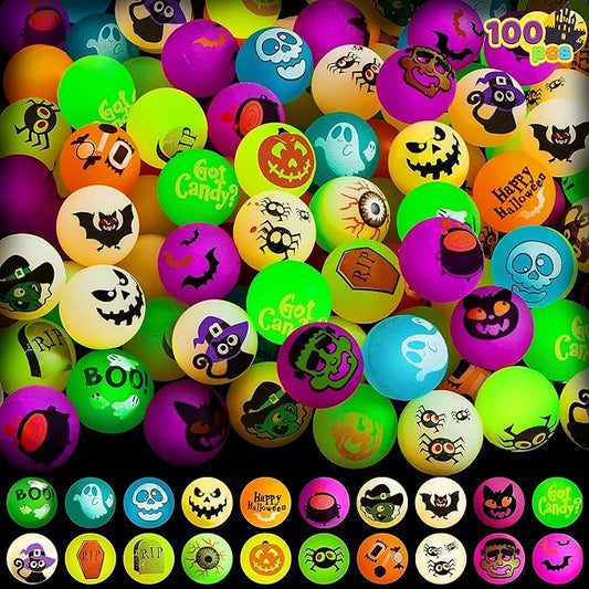 100 PCS Halloween Glow in The Dark Bouncing Balls, 20 Designs Halloween Theme Glowing Bouncy Balls for Halloween Party Supplies, Party Favors, Trick or Treating Goodies