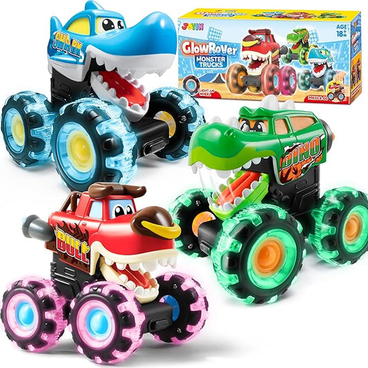 3 Pack Monster Truck Toy - Motion Activated Light-Up Cars for Toddlers - Monster Treads Lightning Wheels - Baby Toy Trucks - Press & Go Cars for Kids Boys Birthday Gifts for Christmas