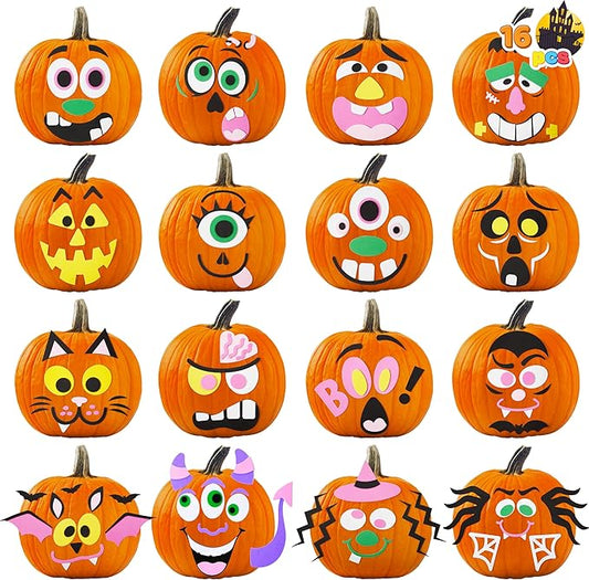 16 Packs Halloween Pumpkin Decorating Stickers Foam Craft Kit, Halloween Party Favors for Kids, Party Supplies Arts Activities, Jack O Lantern Face Sticker School Games Gifts