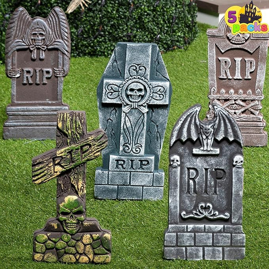 17” Halloween Foam RIP Graveyard Tombstones (5 Pack), Halloween Tombstones Outdoor Decorations for Graves Decorations with 12 Metal Stakes for Cemetery Yard Lawn Party Decor
