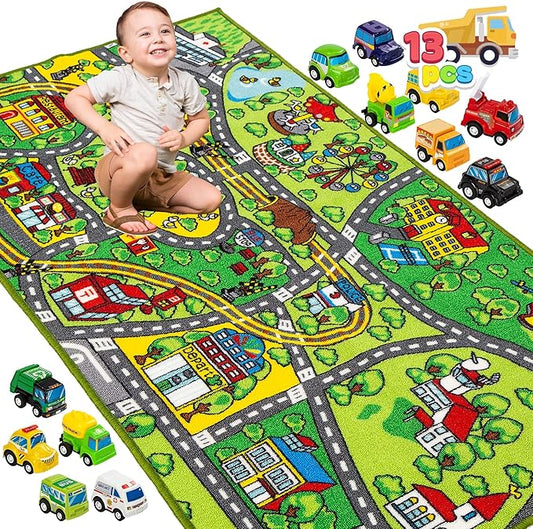 Carpet Playmat w/ 12 Cars Pull-Back Vehicle Set for Kids Age 3+, Jumbo Play Room Rug, City Pretend Play Multiple Color