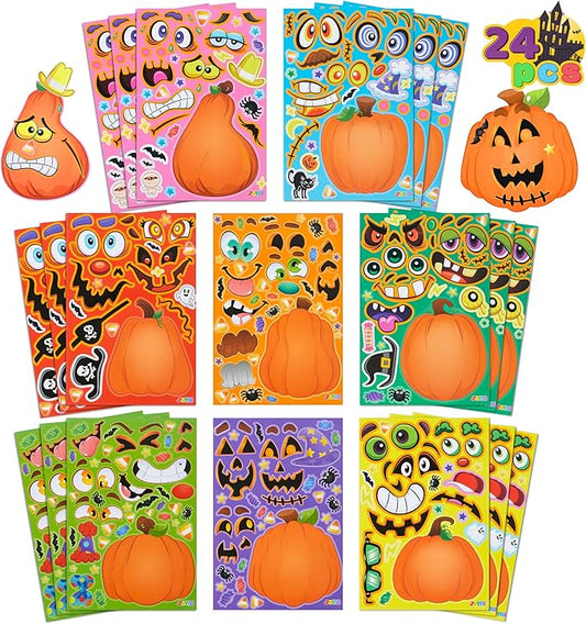 24 Pcs Halloween Pumpkin Decorating Stickers, Party Favor for Kids, Art Crafts Party Supplies, Pumpkin Face Sticker with 8 Designs, Halloween Treats Classroom Activities Games