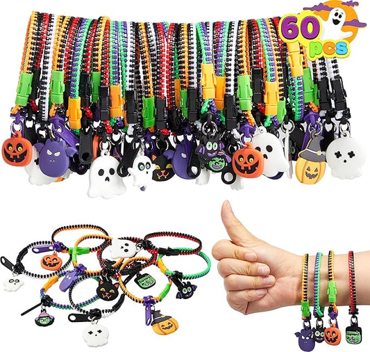 60 PCS Halloween Zipper Bracelets Bulk Set, Friendship Zipper Wristbands for Kids Gift, Halloween Trinkets, Goodie Bag Fillers, Classroom Prizes