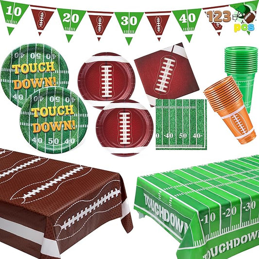 123 Pcs Football Party Supplies Kit Serve 24, Football Party Decorations includes Dinner Plates, Napkins, Banner, Cups & Touchdown Tablecloths for Football Game Day Party Tableware