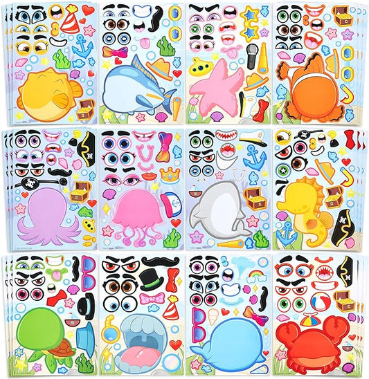 36 Pcs 9"x6" Sea Animals Make a face Stickers for Kids, Make Your Own Ocean Animals Sticker Sheets, Party Favors Kids Crafts, Goodie Bags Stuffers, Classroom Rewards