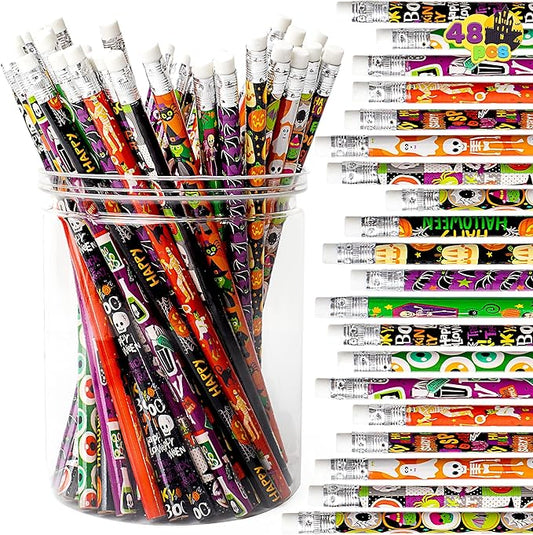 48PCS Halloween Pencils Bulk with Eraser, Colorful Fall Pencil Assortment, 12 Design Halloween Themed Stationery Set for Kid Girl Boy Trick or Treating Party Favor Supplies, Classroom Gift Prize