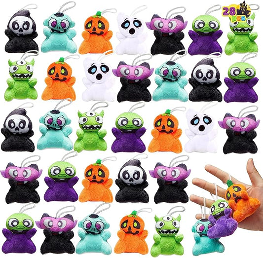28 PCS Halloween Mini Plush Toy Assortment with 7 Characters, Mini Halloween Plush Toy Bulk for Kids Trick or Treating, Classroom Party Favors Supplies Prizes, Goodie Bag Stuffers Fillers