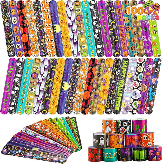 100 PCS Halloween Slap Bracelets for Kids, Halloween Bracelets Bulk for Girls Boys Gifts, Friendship Bracelets Snap Bracelets for Halloween Party Favors Goodie Bag Fillers